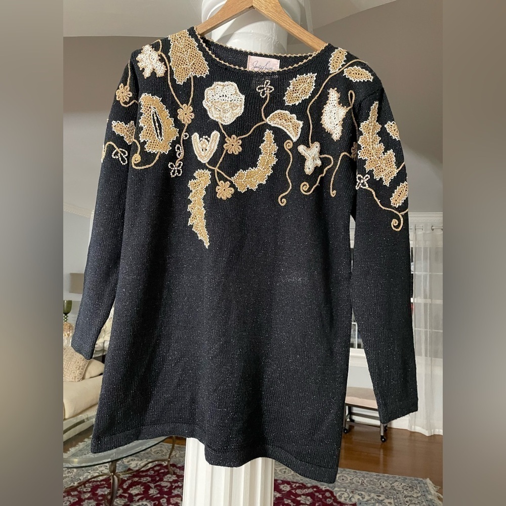 Jaclyn Smith women’s Embroidered crochet pearl on black metallic knit sweater